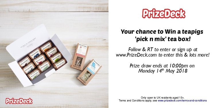 prizedeck's tweet image. Ends tonight at 10PM (14.05.2018)!
Follow &amp;amp; RT for your chance to WIN a teapigs 'pick n mix' tea box.
Terms Apply - UK 18+ Only
Go on, put the kettle on.