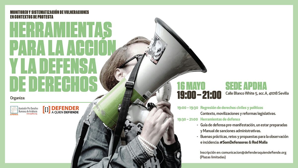 AcampaSevilla's tweet photo. ¿Te sientes insegura en las manifestaciones? 
¿No sabes cómo hacer frente a la represión? 
Este miércoles ven al taller de @APDHASevilla y @AquienDefiende para aprender a defender tus derechos y los de tus compañeras!
#StopRepresion #sinmiedo #NoCallarem https://t.co/0fDdsBaRnw