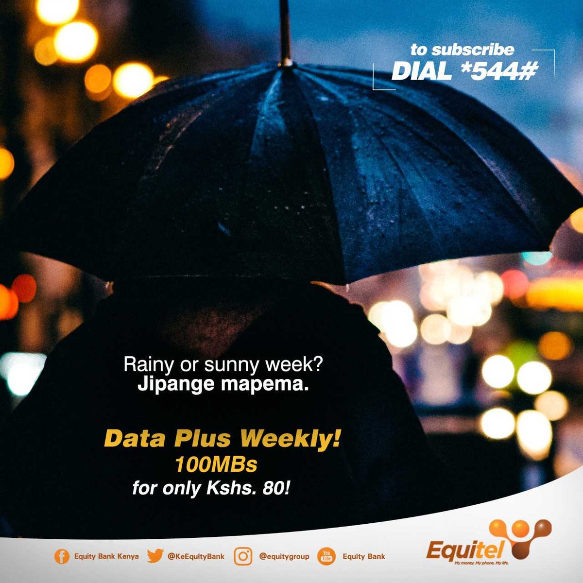 KeEquityBank's tweet photo. Will it be a rainy week or a sunny one? Don’t be caught off guard by the rains. Subscribe to the 100MBS for kshs 80 Data Plus bundles and get real time weather updates. #SaveNaEquitel #2018NikuSave https://t.co/UHWWcfePPK