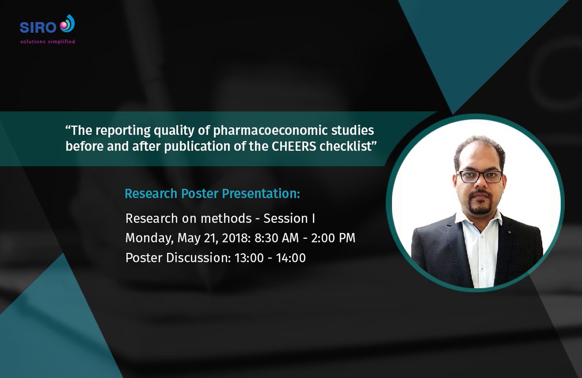 SIROClinpharm's tweet photo. SIRO’s HEOR Expert Rishabh Pandey will be discussing the reporting quality of published pharmacoeconomic studies in his poster presentation at #ISPORBaltimore from May 19-23 in Baltimore, MD, USA. Learn more at https://t.co/4MHWxOiR0A #SIROatISPOR #HEOR #ClinicalResearch https://t.co/EzZzyveqLF