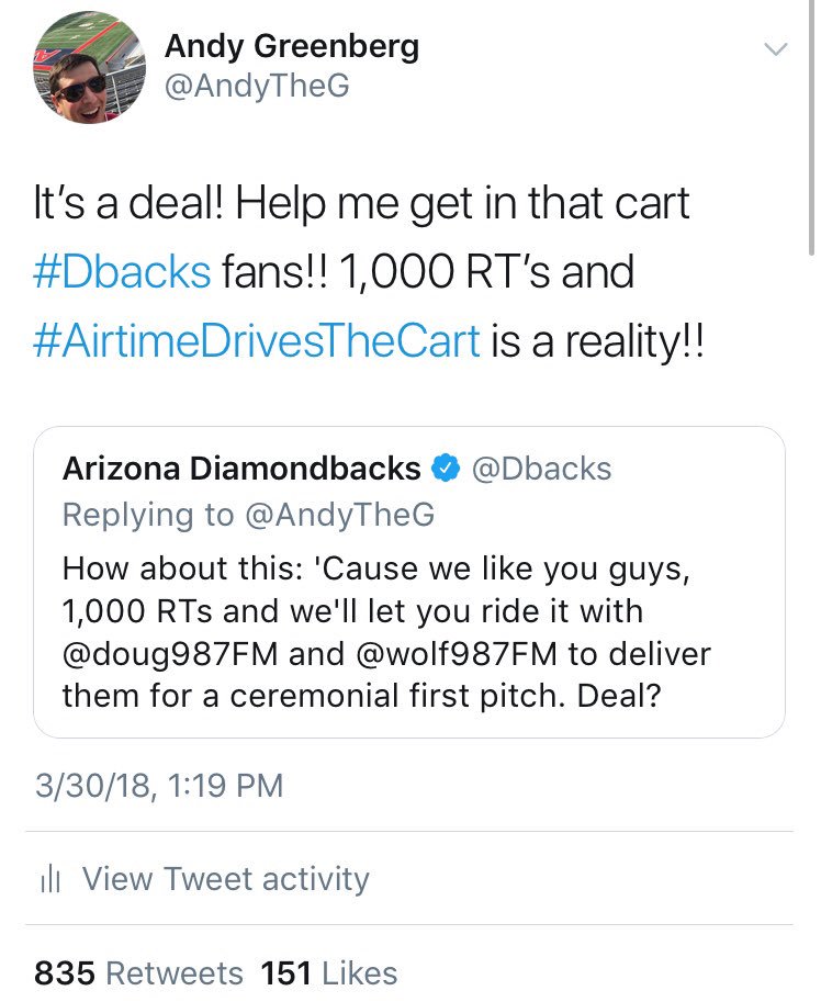AndyTheG's tweet photo. So much Bullpen Cart love this week so time for a last gasp effort to hitch a ride

So @Dbacks, if you add up ALLLLLL the retweets from my cart-related tweets (these 4 make 970 plus there’s RT’s here and there on other related tweets) then I’ve reached 1,000. #MissionAccomplished https://t.co/NtsuhrlzwH