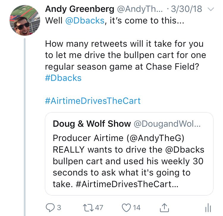 AndyTheG's tweet photo. So much Bullpen Cart love this week so time for a last gasp effort to hitch a ride

So @Dbacks, if you add up ALLLLLL the retweets from my cart-related tweets (these 4 make 970 plus there’s RT’s here and there on other related tweets) then I’ve reached 1,000. #MissionAccomplished https://t.co/NtsuhrlzwH