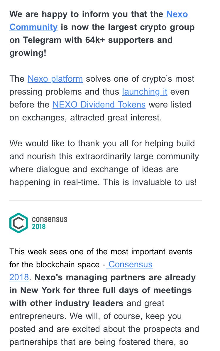 crypto_insider1's tweet photo. $nexo is extremely active on social media with huge public support.

During these days, in parallel to the #Consensus2018 they are meeting in NYC other industry leaders.

Remember, this #ico got 10x oversold during public deals. https://t.co/mPS7Zo7GxQ