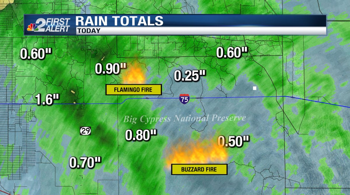 RobDunsTV's tweet photo. Radar-estimated rain totals on Sunday put anywhere from less than .25" to around 1" near the #FlamingoFire and #BuzzardFire burning in Big Cypress National Preserve. Update on the fire and your forecast on @NBC2 at 11. #flwx https://t.co/4I0shbc1MT