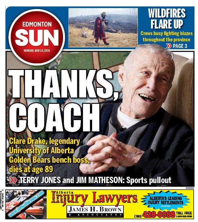 Edmontonsun's tweet photo. An early look at our front page for Monday, May 14, 2018. #ClareDrake #yeg https://t.co/M9wPCthIgY