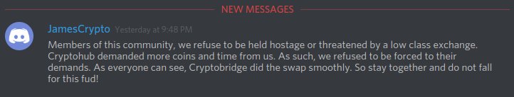 Dirty lie from scammers MARCO devs. CryptoHub never asked additional coins for making swap, we asked 2 weeks to have time to inform all users about swap.  And about "low class exchange"  they think some big exchange like cryptopia or yobit will make swap in 5 days? pathetic scam