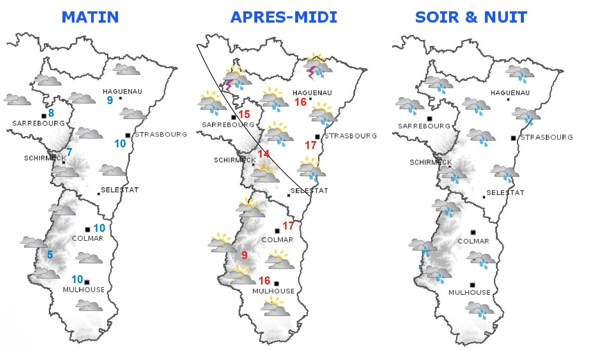 manutopmusic's tweet photo. #meteo #Atmorisk Grisaille et quelques gouttes ce matin. Cet après-midi nuages et timides éclaircies avant le retour de la pluie en fin de journée
Matin : 8 à 12° Après-midi : 15 à 17°. Semaine : Instable demain et mercredi avec des averses, jeudi et vendredi temps sec. #Alsace https://t.co/wEVyqOAq9T
