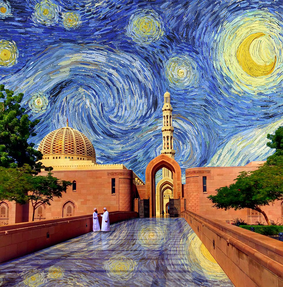 Starry night over the Grand Mosque. Collage.