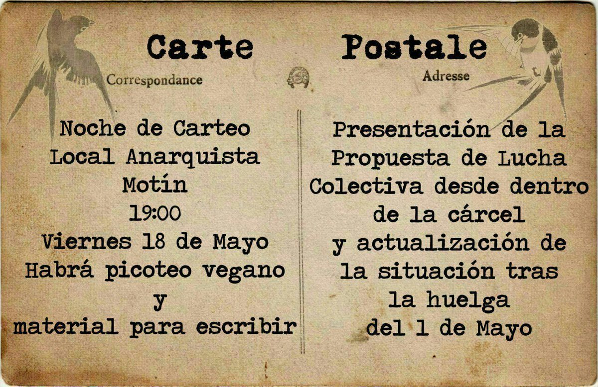 🌃 💌 Noche de carteo este viernes 18 de mayo 💌 🌌
a las 19h, en el Motín 
y Presentación de la propuesta de lucha colectiva desde dentro de la cárcel y actualización de la situación tras la huelga del 1 de mayo