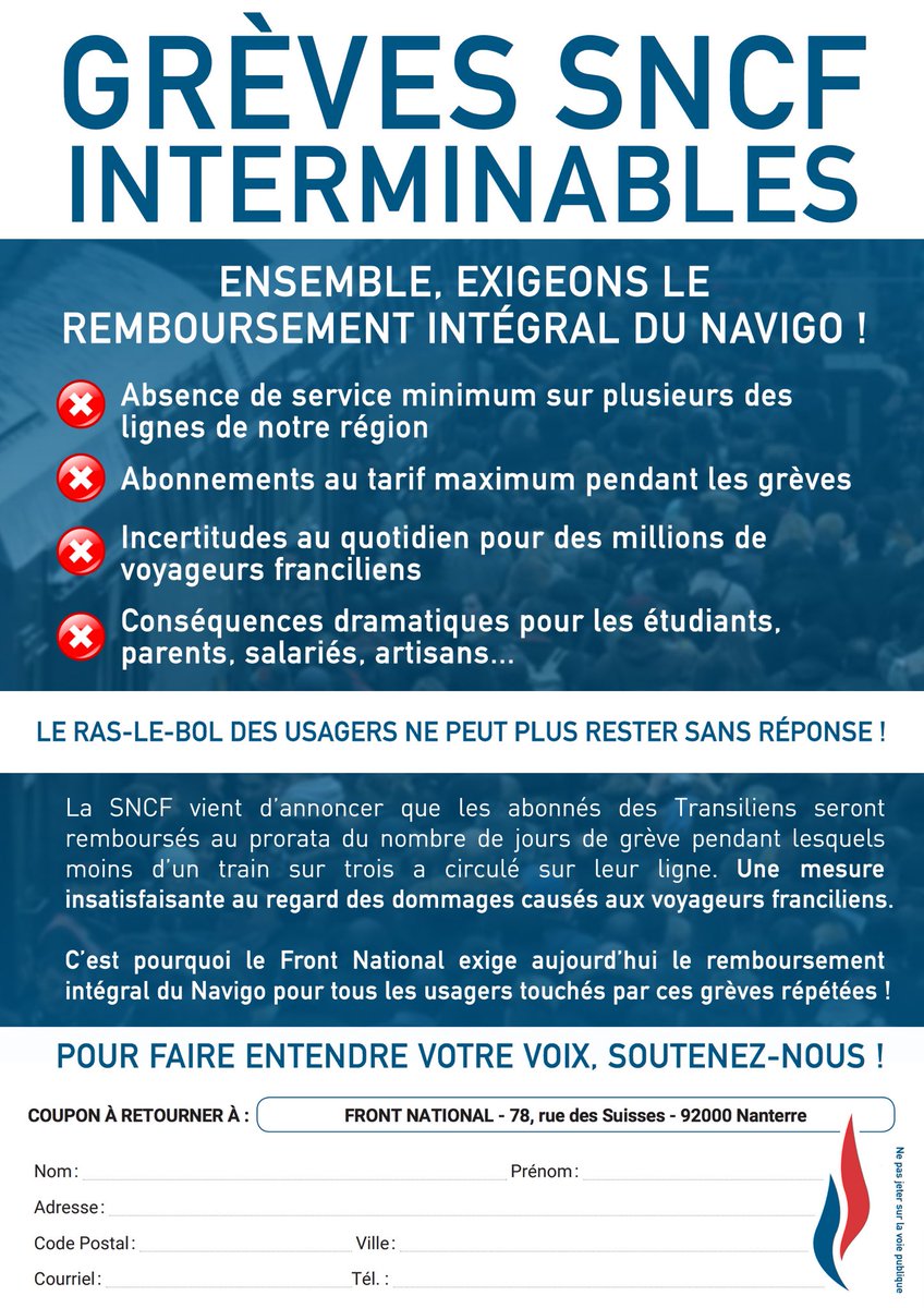AymericDurox's tweet photo. Tractage matinal en gare de #Nangis pour demander le remboursement intégral du pass Navigo pour tous les usagers! Excellent accueil, le Front seul parti présent. #FN77 #GrèveSNCF https://t.co/yUYnlHhS8V