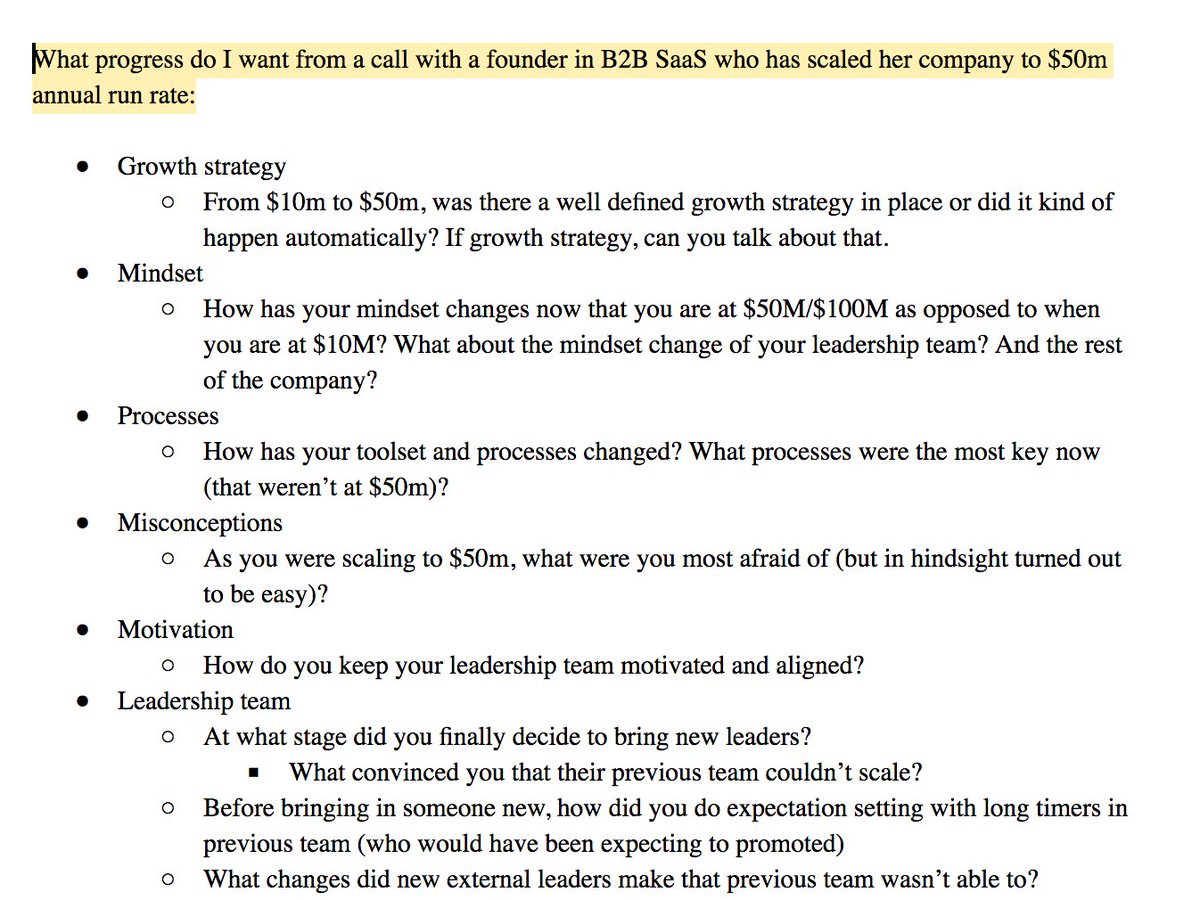 29/ Example #3 of Metathinking.Last year, I decided to talk to founders who have scaled their companies to $50mn and beyond. Instead of "winging it" on the call, I clearly laid out what I wanted to cover in these calls before going on my first call.