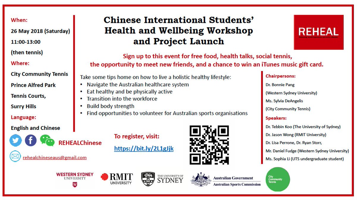 REHEALChinese (@rehealc) on Twitter photo 中国留学生身心健康工作坊和项目启动: 现在报名参与这个活动!有免费食物, 健康讲座,社交网球,有机会结识新朋友,并有机会赢得iTunes音乐礼品卡! bit.ly/2L1gJjk
Chinese International Students' Health and Wellbeing Workshop <a href="/JensensTennis/">JensensTennis</a> @C4S_AU #Chinese @Dr_BonniePang 中国留学生身心健康工作坊和项目启动: 现在报名参与这个活动!有免费食物, 健康讲座,社交网球,有机会结识新朋友,并有机会赢得iTunes音乐礼品卡! bit.ly/2L1gJjk
Chinese International Students' Health and Wellbeing Workshop <a href="/JensensTennis/">JensensTennis</a> @C4S_AU #Chinese @Dr_BonniePang