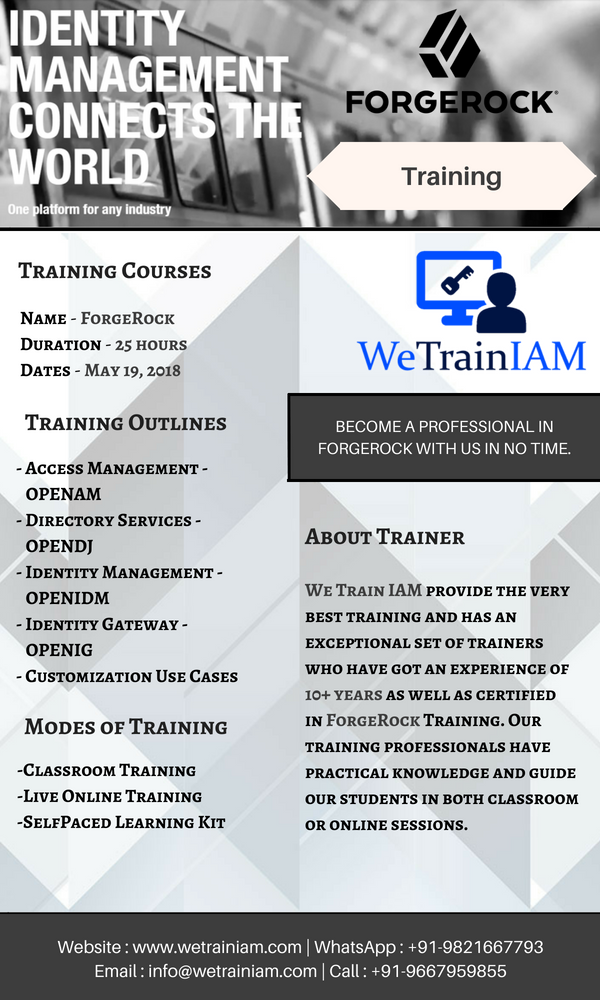 WeTrainIAM's tweet photo. Attend ForgeRock Training from 19 May 2018 onwards.
Register at https://t.co/0fuXgOpGH0

#ForgeRock #AccessManagement #IdentityManagement #IAM #InfoSec #InformationSecurity #WeTrainIAM #IDM #IDAM #informationtechnology #IT #Training #Job https://t.co/ulSDpI4aaQ