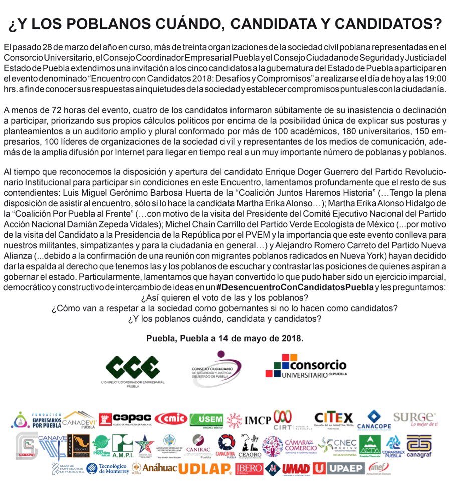 Compartimos el desplegado publicado el día de hoy en el periódico <a href="/Reforma/">REFORMA</a> a raíz del #DesencuentroConCandidatosPuebla 
#YLosPoblanosCuándo