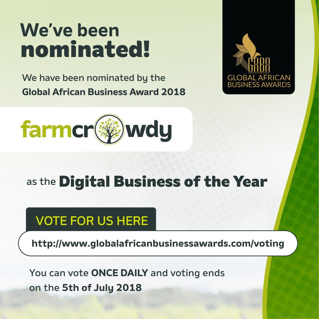 farmcrowdy's tweet photo. Farmcrowdy has been nominated! 
Nigeria’s 1st Digital agriculture platform has been nominated for the Global African Business Award 2018 in the following category:
Digital Business of the Year.
To vote, go to: https://t.co/yFYnm2iCUu https://t.co/BFo1Y7C19M