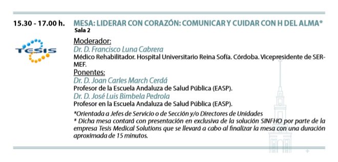 <a href="/TESISMedical/">TESIS Medical Solutions</a> presentará #SINFHO en el Congreso de la SERMEF en Gijón el 17 de mayo en la Mesa "Liderar con Corazón" a las 15.30h (Sala 2). No te lo pierdas si quieres conocer la plataforma tecnológica que está revolucionando la gestión de Rehabilitación  #56congresoSERMEF
