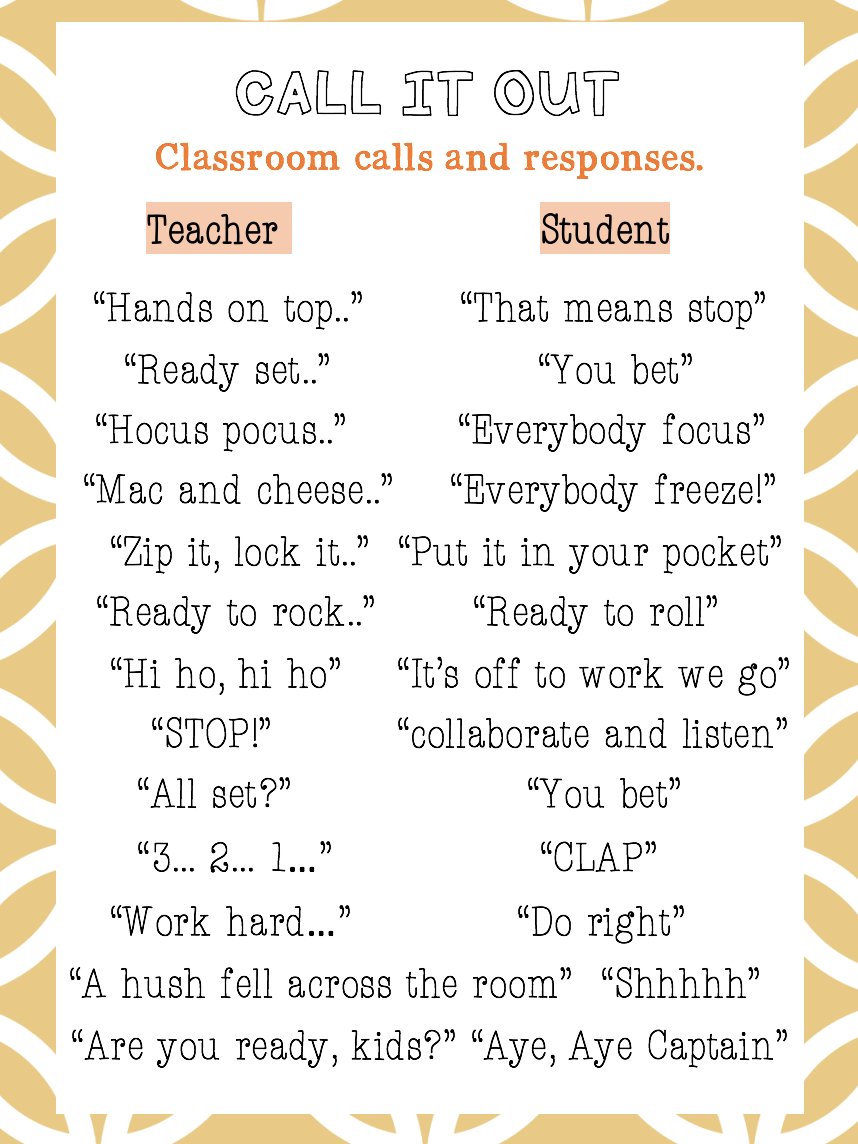 After having a laugh with Vicky in our scheduled meeting about my classes' extensive use of poetry and song, she enlightened me to research 'call outs' for gaining attention and focus!
I have devised a list of all my favourites to share with you. 😂🎙️ #acuedu_p