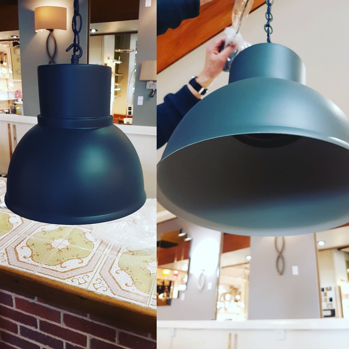 wt_lighting's tweet photo. Our customer is well chuffed with her bespoke @DavidHuntLights Shoreditch pendants. We had them made with a @FarrowandBall railings outer and Worsted inner to match her kitchen.

#Interiors #interiorstyling #kitchen #bespokelighting https://t.co/5m46qxFOLh