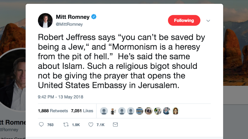 thehill's tweet photo. Romney shreds pro-Trump pastor as a "religious bigot" ahead of US Embassy ceremony in Jerusalem https://t.co/ArK3xnFwvB https://t.co/S63ceLPF4a
