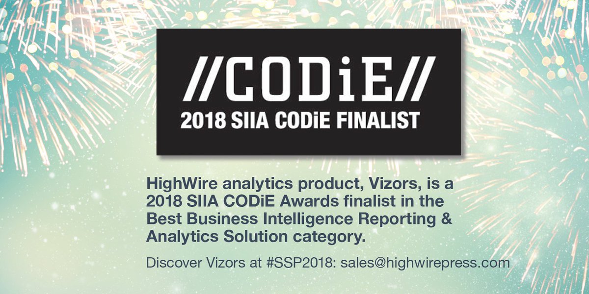 Vizors, HighWire's visualised analytics product suite, has been named a 2018 SIIA CODiE Awards finalist in the Best Business Intelligence Reporting &amp; Analytics Solution category. For a demo at #SSP2018, get in touch: sales@highwirepress.com
#Vizors #IntelligentPublishingPlatform