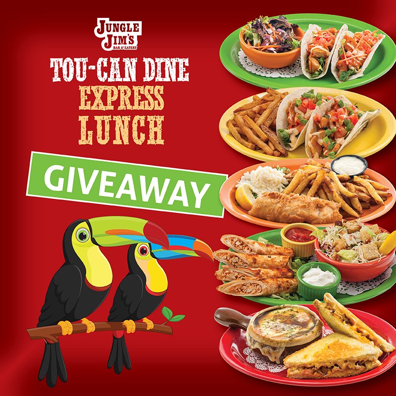 JungleJimsCorp's tweet photo. 🚨 GIVEAWAY TIME 🚨

How you like to win a lunch for you and a friend from our Tou-Can Dine Express Lunch Menu? There are 5 Prizes to be won! 

 Here's how to enter:
1️⃣Favorite this tweet.
2️⃣Follow Jungle Jim's Eatery on Twitter.
3️⃣Retweet. https://t.co/SeZkc76VPu