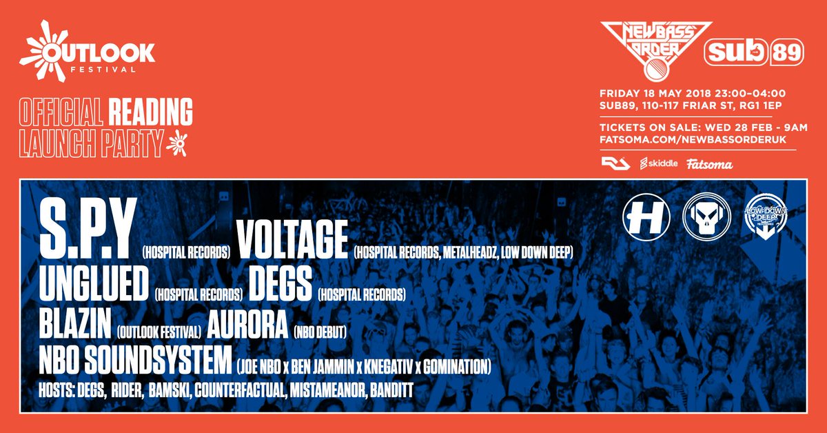 Tonight we team up with <a href="/newbassorderuk/">NEW BASS ORDER UK</a> for our second official #OutlookFestival Reading launch party!

We've got some heavy-weight DnB guests coming your way including <a href="/SPYDNB/">S.P.Y</a>, <a href="/VOLTAGE_DRUMS/">V O L T A G E</a> and more!

More info: facebook.com/events/1600826…