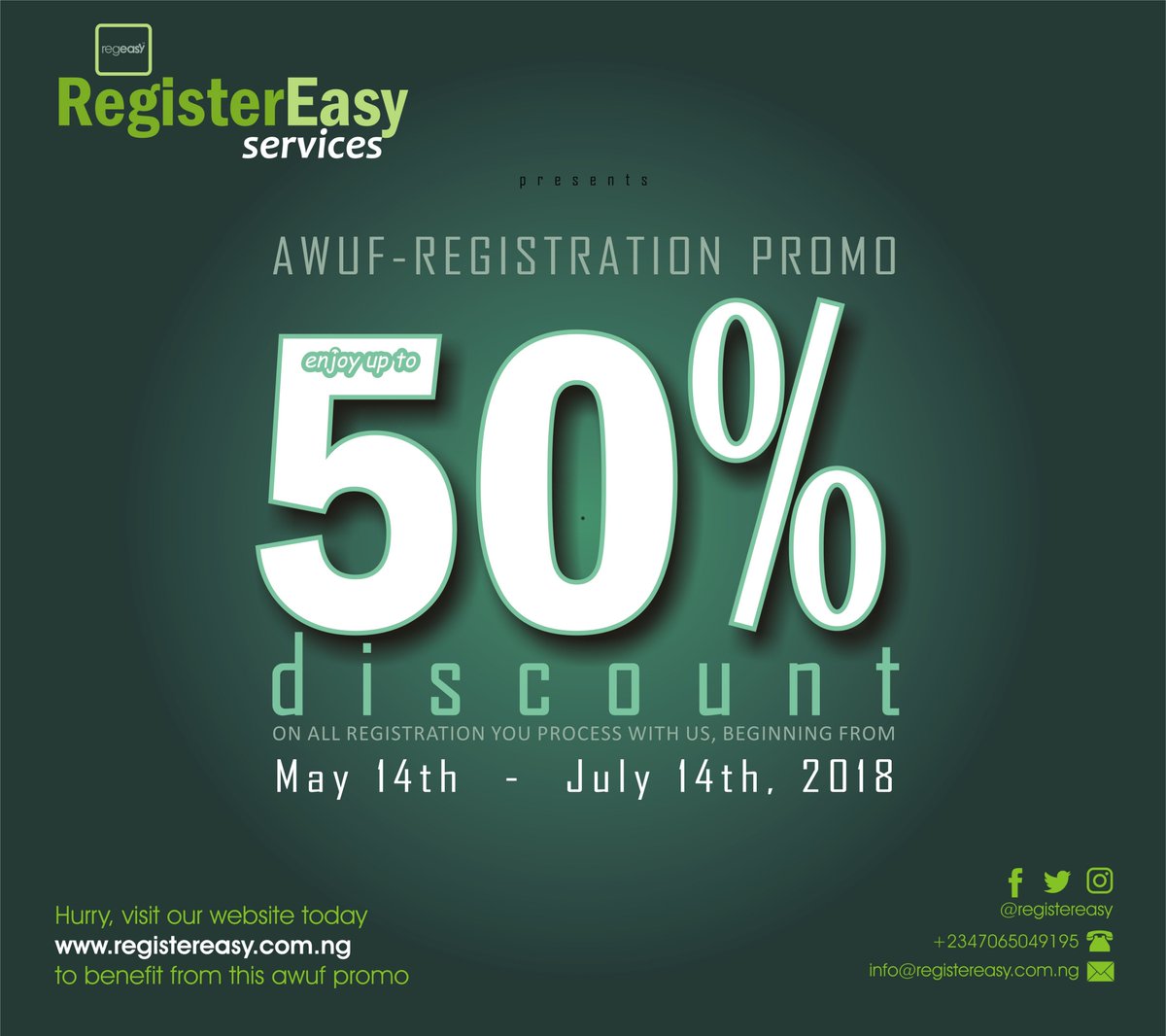 registereasy's tweet photo. Good news Naija! #RegisterEasy presents #AwufRegistrationPromo Get up   to 50% discount on all registration you process with https://t.co/B9VDlgnDKW be it business name, company or incorporated trustee. Do not delay any further hurry now to https://t.co/B9VDlgnDKW to get started https://t.co/FVULT8QPdD