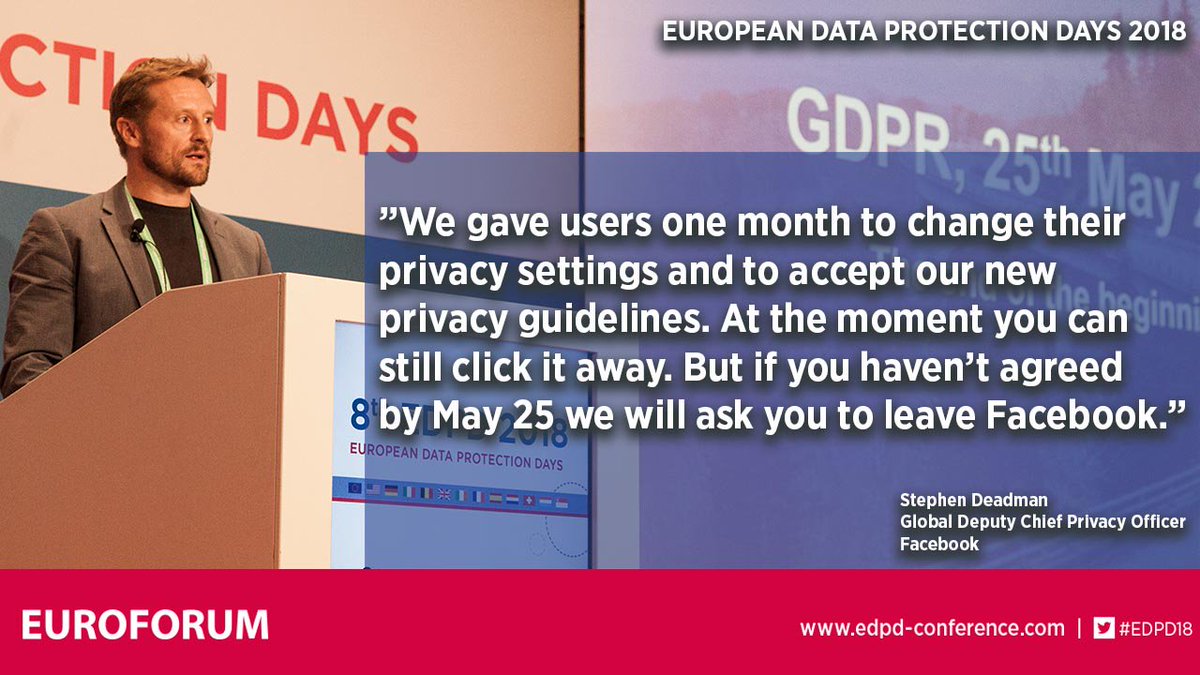 legal_live's tweet photo. What happens if you don't give consent to Facebook's new privacy guidelines? Stephen Deadman, Global Deputy Chief Privacy Officer of @Facebook on #GDPR &amp; #cambridgeanalytics at #edpd18. #dataprotection #privacy #gdprreadiness https://t.co/Yd3gTsZHlK https://t.co/4TiHJEEMOB