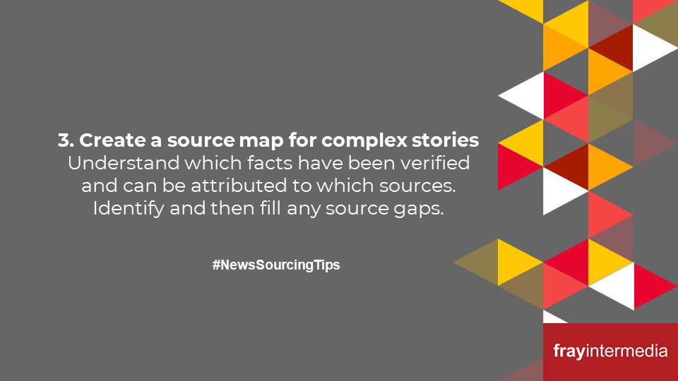 frayintermedia's tweet photo. #NewsSourcingTips 3. Create a source map for complex stories Understand which facts have been verified and can be attributed to which sources. Identify and then fill any source gaps. https://t.co/q3N4xrmnqb