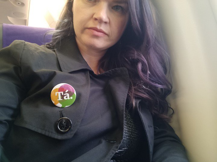 littlebird_ie's tweet photo. About to fly out but I saw a woman &amp; her mother in the airport. She saw my badges  all over my bag &amp; got upset. Her mother looked at me &amp; smiled to acknowledge my support. A tiny nod to each other. I nearly fell apart right there for them. She is one of 9 a day. #Repealthe8th https://t.co/QdLr0LJx4J