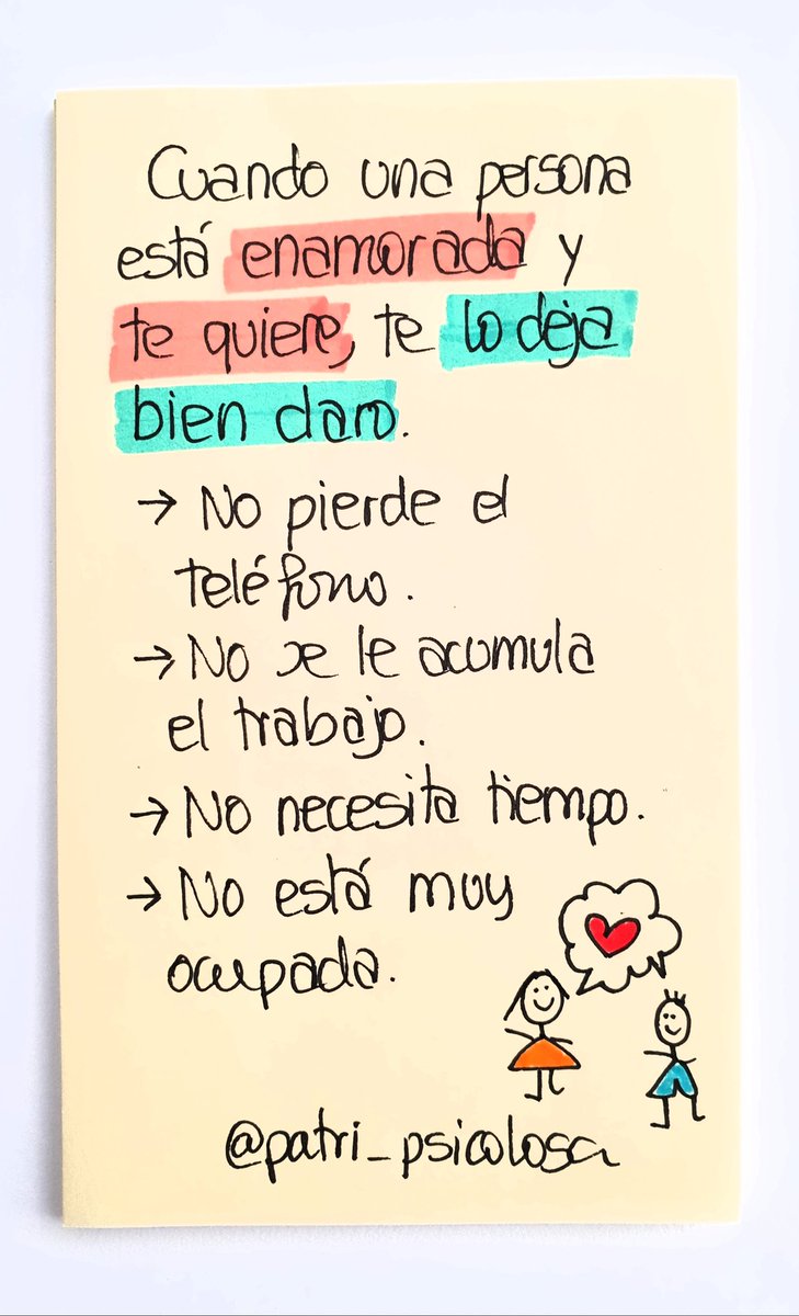 Cuando una persona está enamorada y te quiere, te lo deja bien claro.
📌No pierde el móvil.
📌No se queda sin batería.
📌No tiene trabajo acumulado.
📌No necesita tiempo.
📌No está muy ocupada.