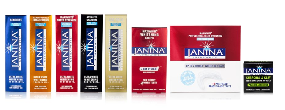 Keep smiling throughout #SmileMonth with our teeth whitening toothpastes! The low abrasive formulas improve your oral health and lift stubborn staining ✨ #MyJaninaSmile