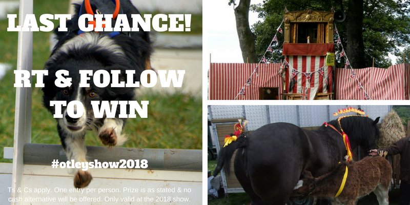RT &amp; FOLLOW to #win a family ticket worth £22 to this year's show. Hurry #competition closes at midday today! #otleyshow2018