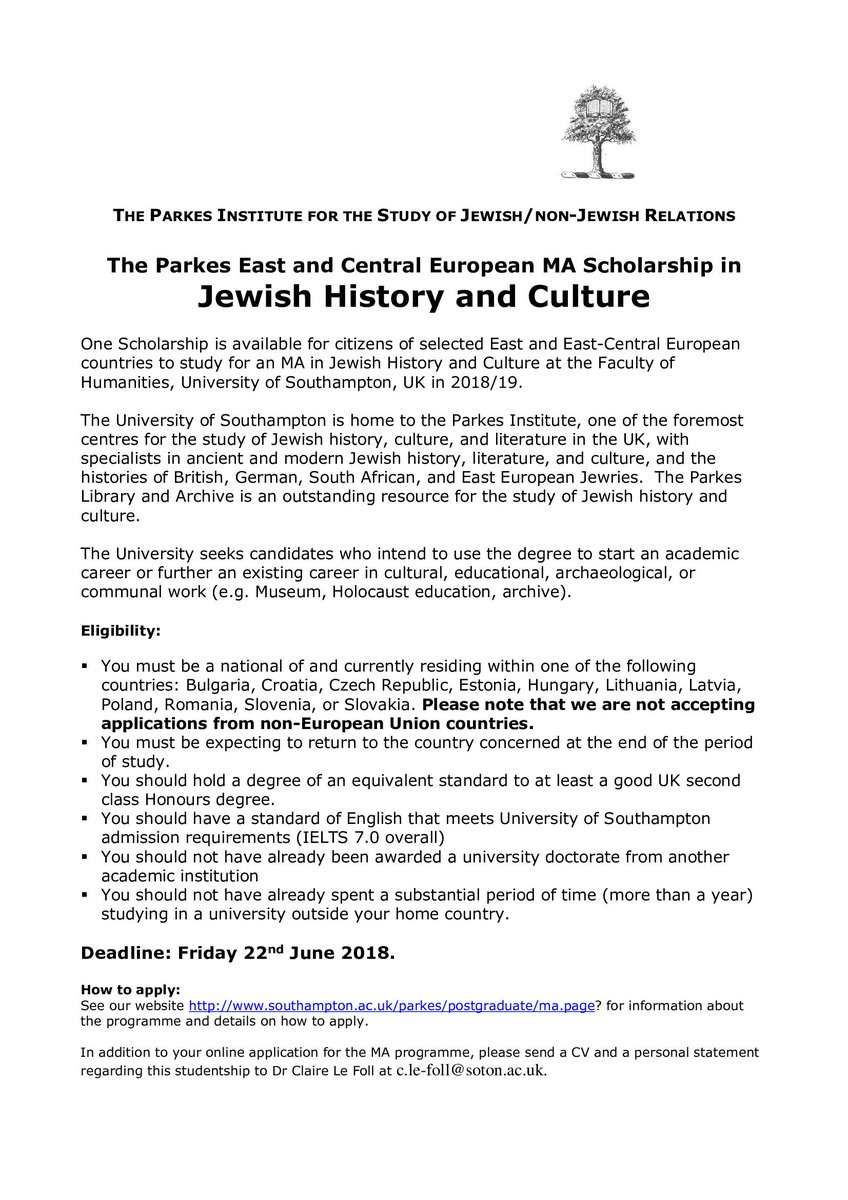 Are you applying for our MA in Jewish History and Culture? Did you know we also offer the Parkes East and Central European Scholarship? Open to students from selected East &amp; Central European countries. The deadline is the 22nd June so get those applications in fast!