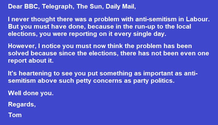 ThomasPride's tweet photo. Rejoice!
According to the @BBCPolitics, @TheSun, @Telegraph, @thetimes and @MailOnline - problems with anti-semitism in the UK have now all been solved! https://t.co/hU1gj5nipD