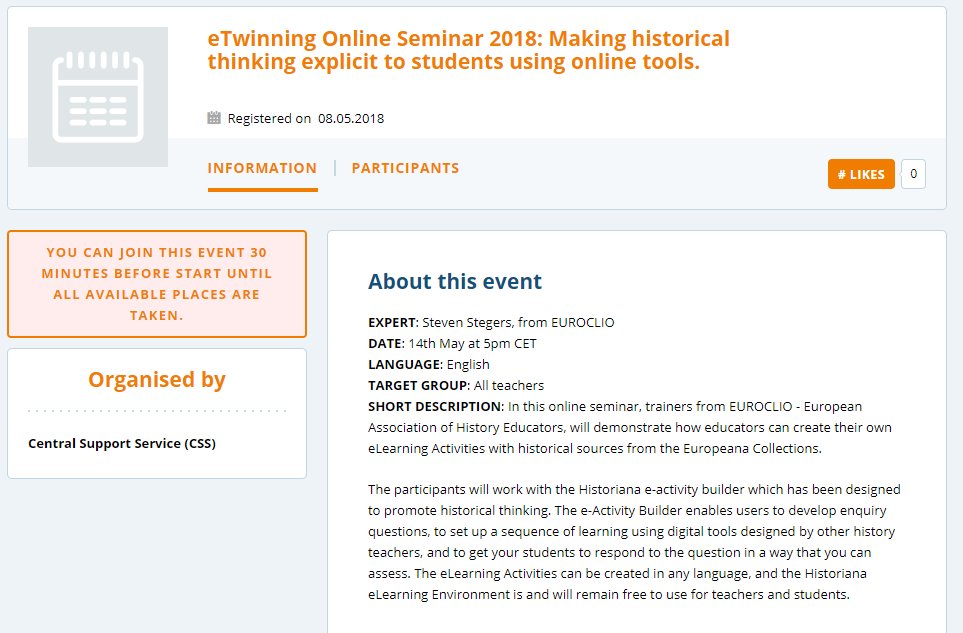 #eTwinning teacher, are you interested in learning more about history using online tools? Then don't miss the latest eTwinning Online Seminar with <a href="/EUROCLIO/">EuroClio</a> ! Join us today at 5 pm CET at eTwinning Live: bit.ly/2rAHUJF