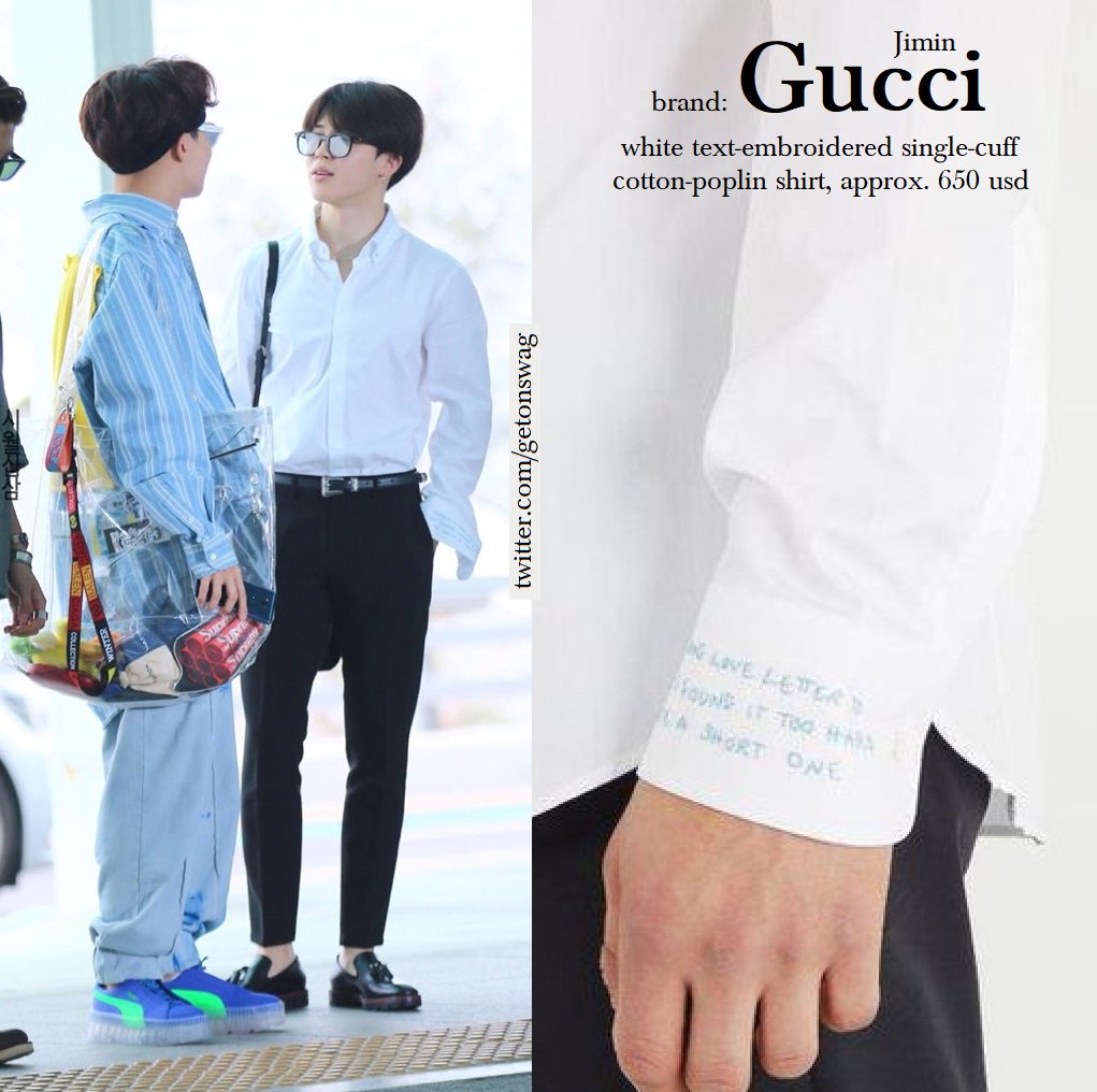 Beyond The Style ✼ Alex ✼ on X: JIMIN #JIMIN 180514 airport #BTS #지민  #방탄소년단 GUCCI - White Text-embroidered Single-cuff Cotton-poplin Shirt  CHRISTIAN LOUBOUTIN - Black Luglion Tassel Leather Loafer SAINT LAURE