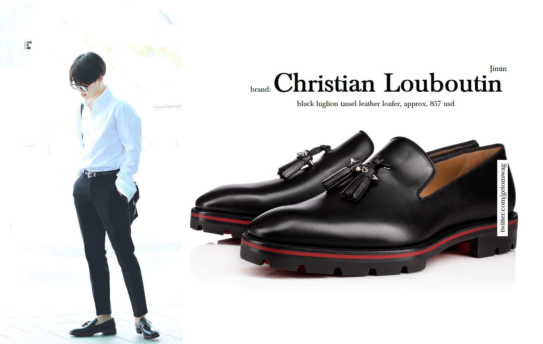 Beyond The Style ✼ Alex ✼ on X: JIMIN #JIMIN 180514 airport #BTS #지민  #방탄소년단 GUCCI - White Text-embroidered Single-cuff Cotton-poplin Shirt  CHRISTIAN LOUBOUTIN - Black Luglion Tassel Leather Loafer SAINT LAURE