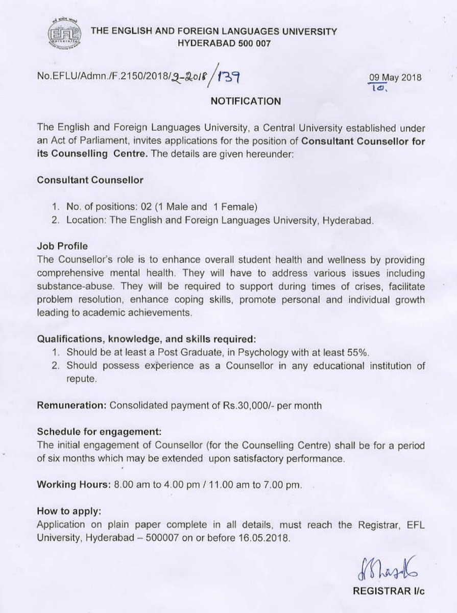 efluniversity's tweet photo. Now hiring 2 Consultant Counsellors for the Counselling Centre in our Hyderabad Campus. Deadline: 16 May https://t.co/40nC6jwDFG