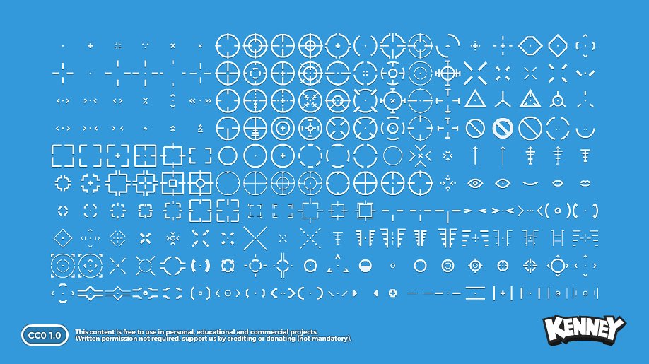 KenneyNL's tweet photo. Collection of 200 crosshair sprites for use in your own game! Includes PNG files (black/white/outline) and vector source file. Public domain/free to use! https://t.co/FiVFkP03NW #gamedev #gameassets https://t.co/8tClfxGb2b