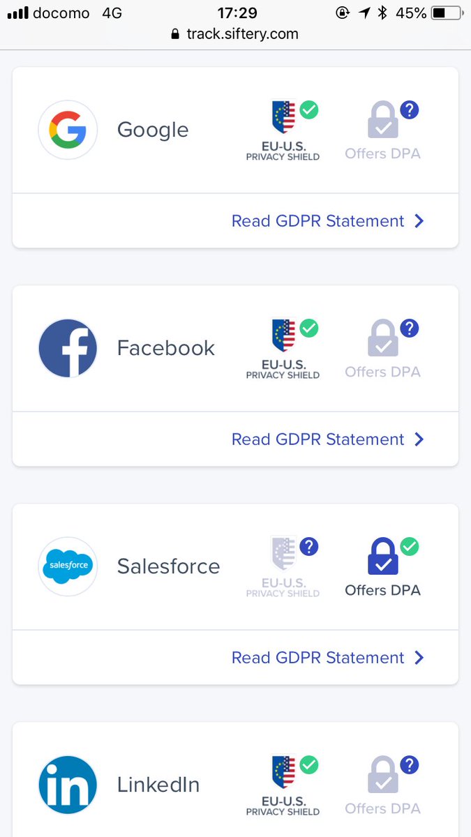 Takuya 個人開発で外貨を稼ぐ On Twitter Twitterやadobeなど各社のeu一般データ保護規則 Gdpr 対応状況 が一目で分かるまとめサイトが公開された これ見ると海外サービスもまだ対応がまちまちだなぁという印象 Gdpr Checker By Siftery Track Https T Co