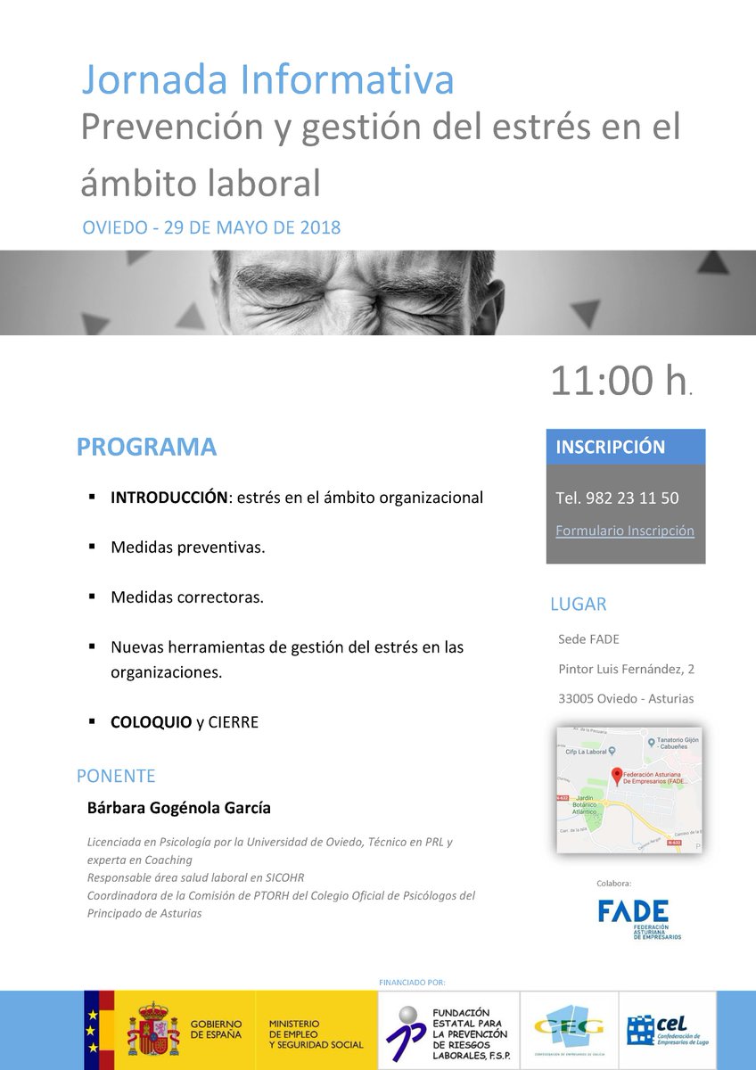 EmpresariosLugo's tweet photo. El día 29/05, en #Oviedo, Jornada Prevención y Gestión del Estrés en el Ámbito Laboral. Con la financiación de la #FPRL y la colaboración de @FADE_COMUNICA. ¡PLAZAS LIMITADAS!
Inscripción: https://t.co/IhVcCeKh4U
Más info: https://t.co/mpCtin3DFg
#PRL #prevención #formación https://t.co/W1wEKrPFlU
