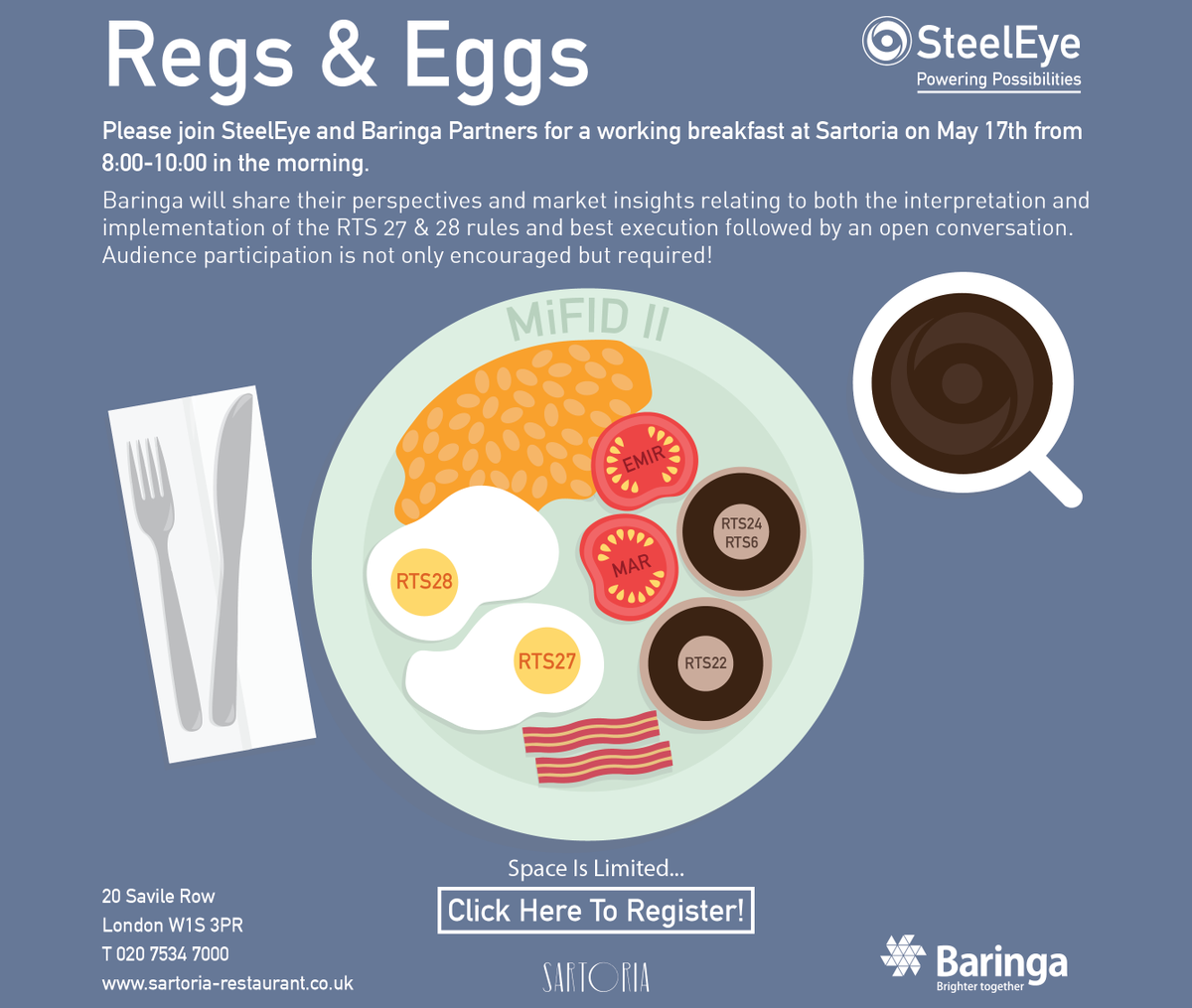 SteelEyeLtd's tweet photo. Tomorrow we are co-hosting a #RegsandEggs working breakfast with @Baringa at @SartoriaRest, Mayfair, to discuss the interpretation and implementation of #RTS27, #RTS28 and #bestexecution under #MiFID II. DM us to find out more. https://t.co/lru5ONlRJC