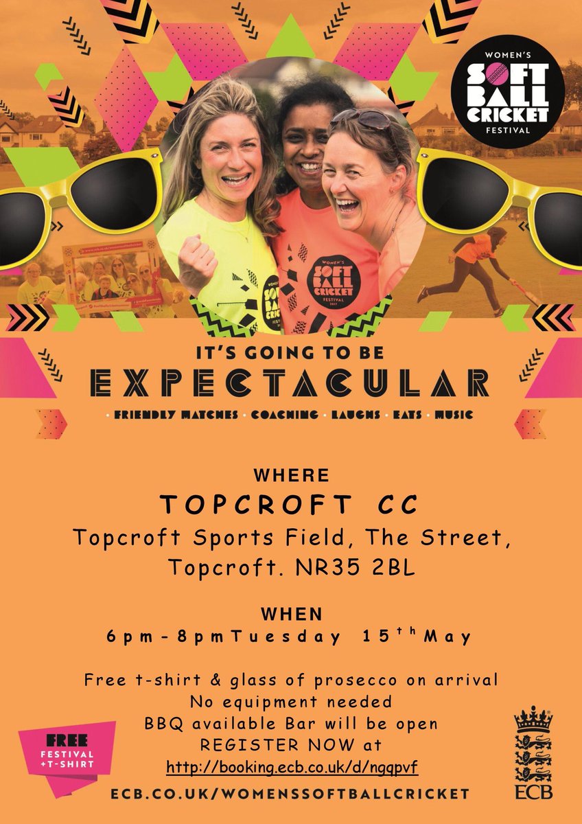 Topcroftcc's tweet photo. Tuesday evening there will be ☀️🥂and lots of 😀 faces at our Ladies Softball event which is open to all. Please spread the word and support the event if possible. Bar will be open and BBQ! 🏏@NorfolkCB @Magpies_Hockey @ActiveNorfolk https://t.co/47vwgKomTl