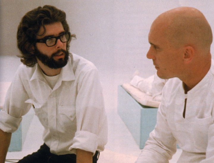 Happy 74th birthday to George Lucas, seen here with Robert Duvall on the set of \THX 1138\ (1971). 