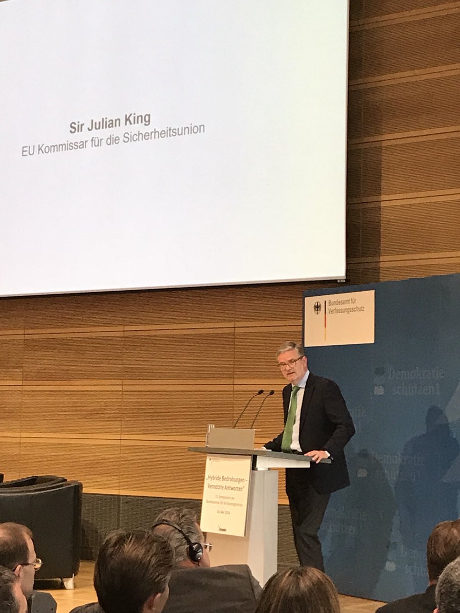 JulianBKing's tweet photo. Cyber threats are real and evolving. We can better counter these threats when we work together on the #SecurityUnion with our #CyberSecuritypackage, #NISdirective and measures on #disinformation, as we are discussing today in Berlin at the BfV symposium on #hybridthreats https://t.co/I0ww6uxS6w