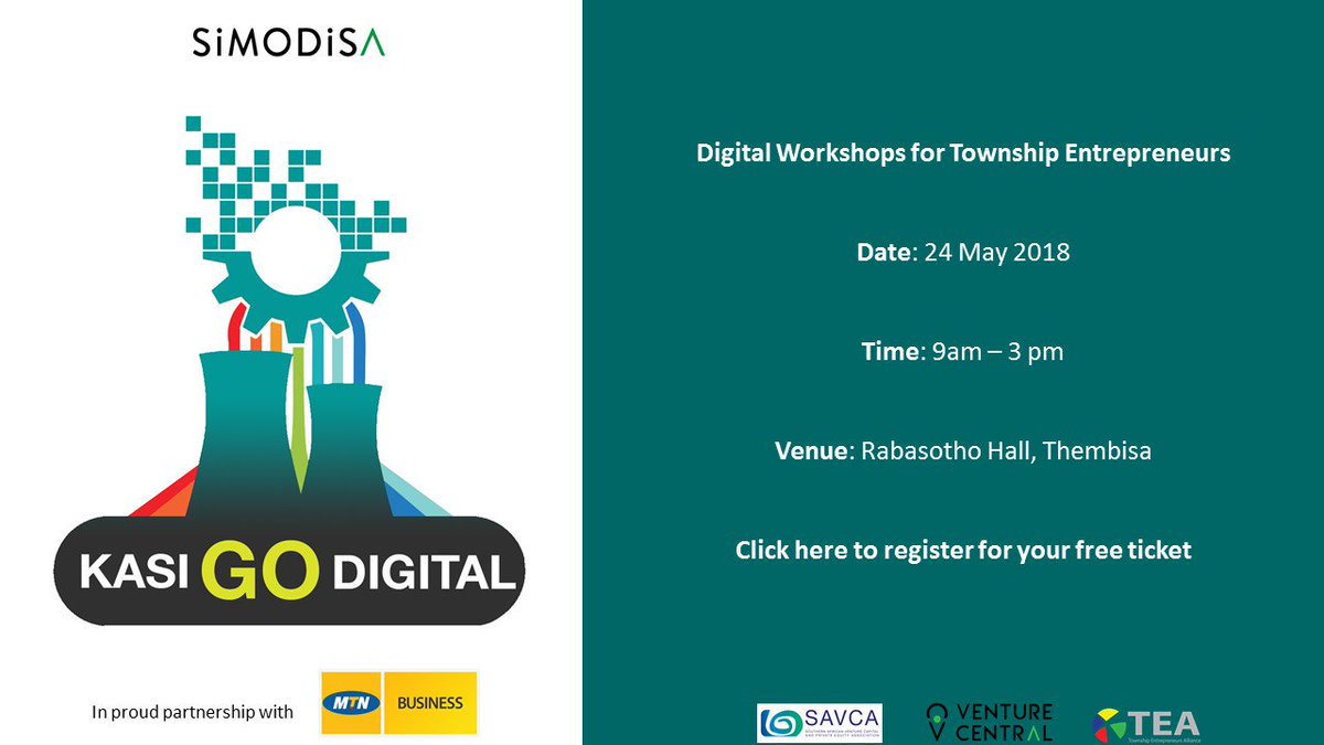 Join <a href="/SiMODiSA_SA/">SiMODiSA Start-Up</a> in partnership with <a href="/MTNBusinessZA/">MTN Business SA</a> at the first #KasiGoDigital workshop in Tembisa on the 24th May 2018. The workshop aims to equip SA's entrepreneurs in the township with digital skills. To get your free ticket please click on the link qkt.io/hPaOnX