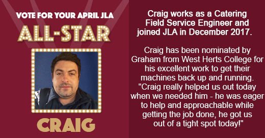 JLA_Ltd's tweet photo. Vote for Craig - JLA April All-Star! Nominated by @whertscollege https://t.co/uk9HROSjJx #JLAltd #JLAALLSTAR #GETATREAT https://t.co/GwxKDhp58F