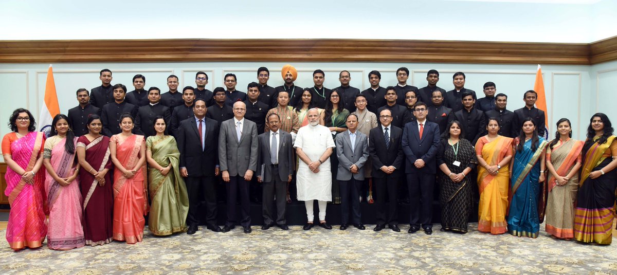 PIB_India's tweet photo. Officer Trainees of Indian Foreign Service called on PM @narendramodi a short while back. PM stressed the importance of representing India abroad in the context of India’s rich history, culture and traditions. He also encouraged the OTs to engage fully with the Indian diaspora. https://t.co/bWOBsGwTZt