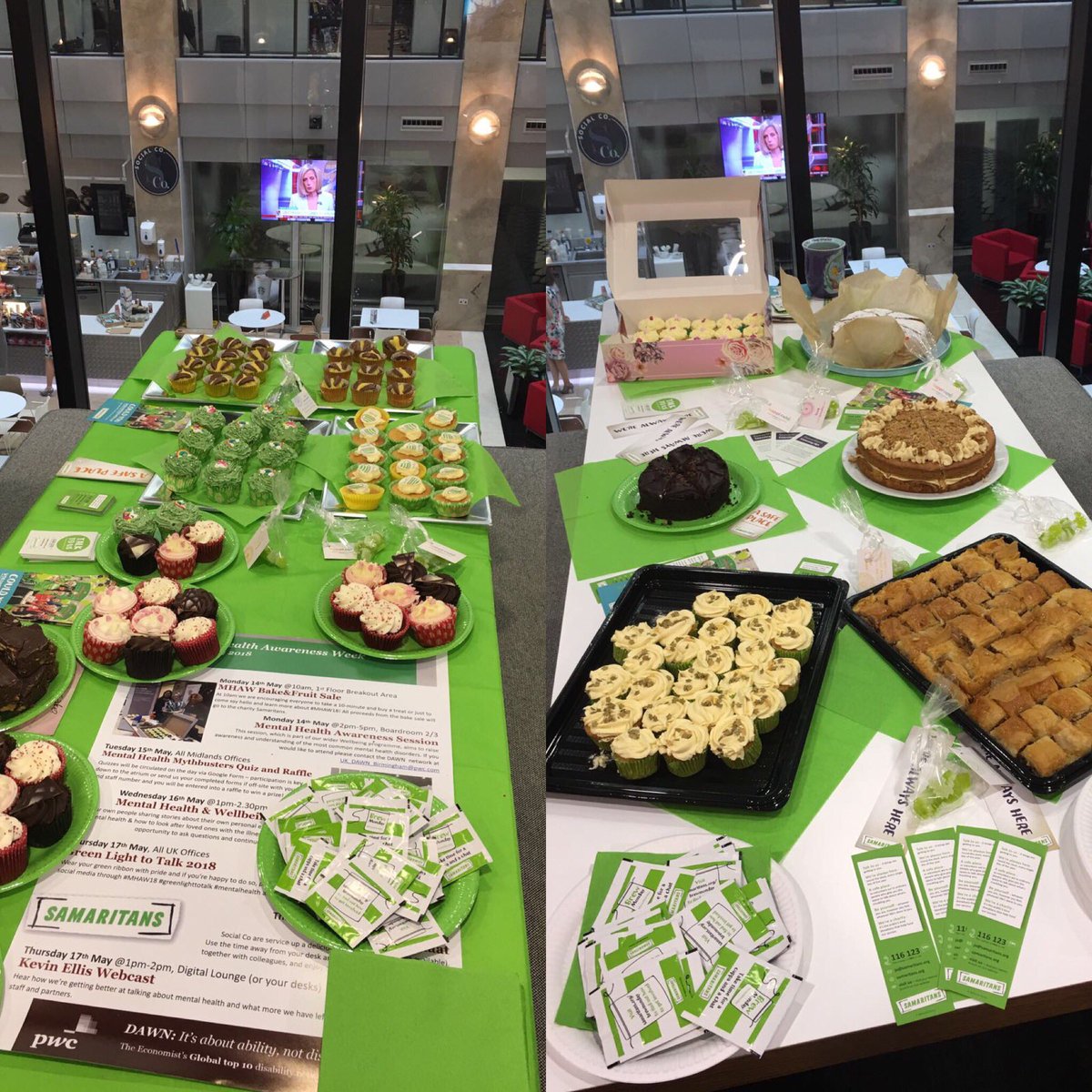 Zoe_pensions's tweet photo. To kick off #MHAW2018 take 10 @ 10 has begun. Great effort by the staff @PwC_Midlands who have spent their weekend baking to raise money for @samaritans . @DAWNPwCUK #MentalHealthAwarenessWeek #PwC #diversity #GreenLightTotalk #Green #pwcmidlands https://t.co/KC1dKzwMlu
